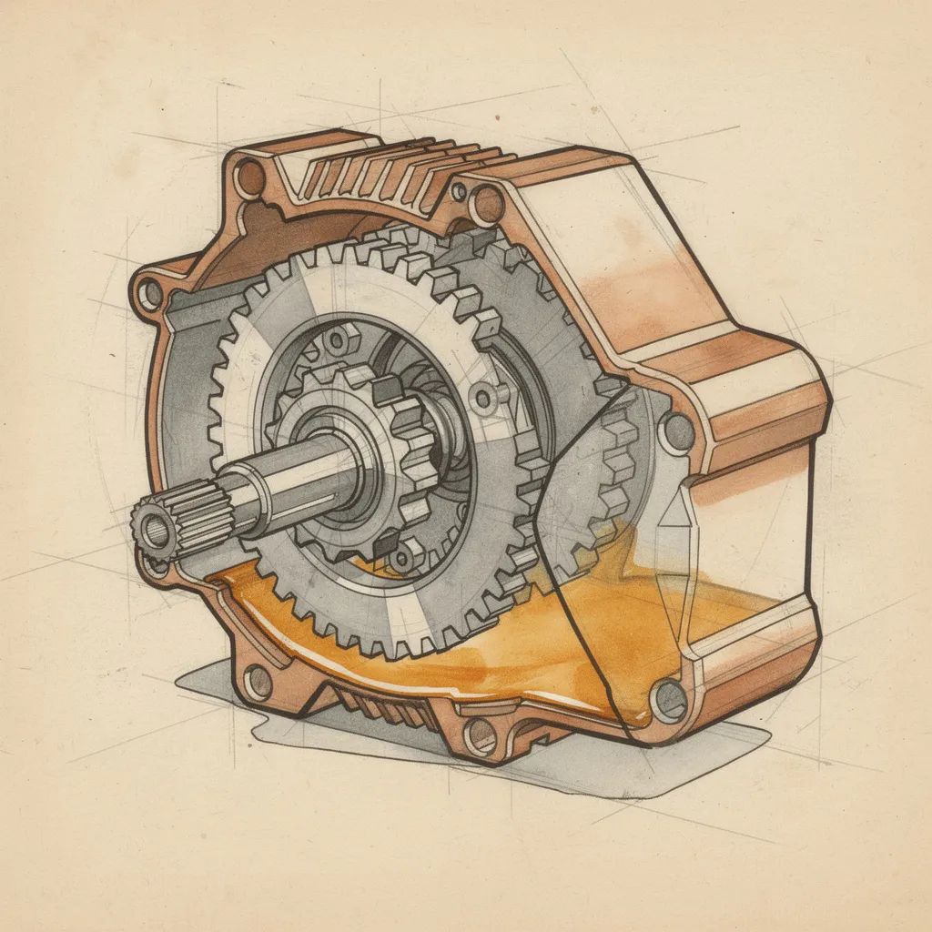 Cutaway illustration of a Helicala gearbox showing the planetary gearset, splined input shaft, and oil bath inside the sealed housing