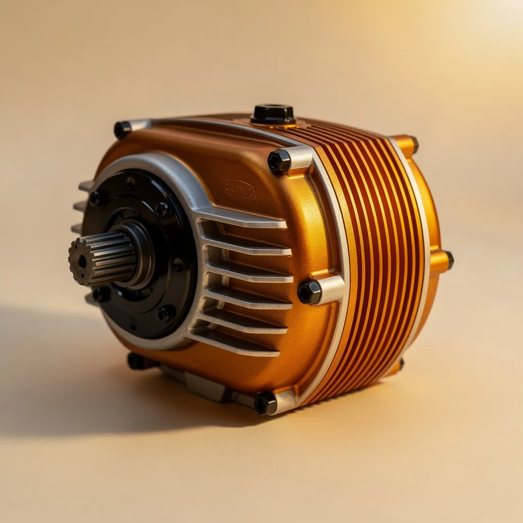 Gavia 9-speed gearbox unit in amber anodized aluminum with cooling fins and splined input shaft