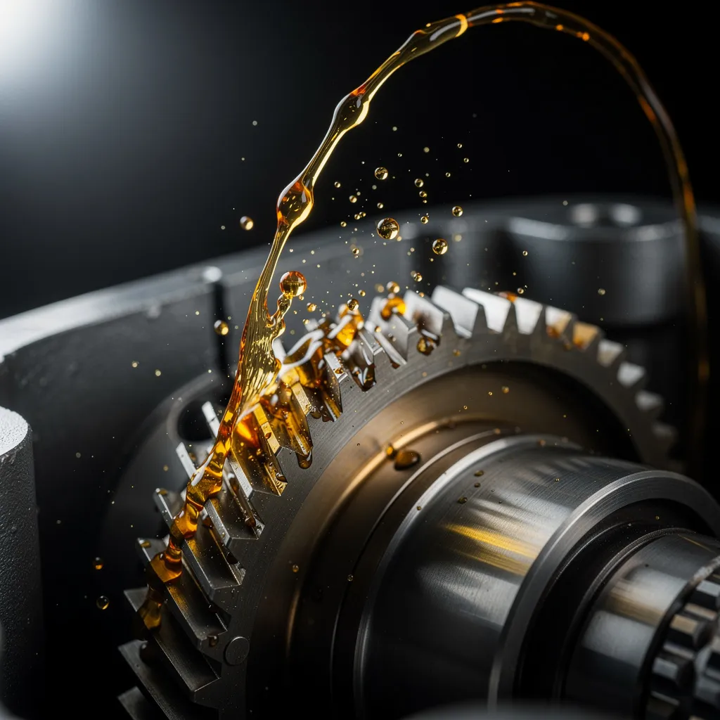 Macro view of gear oil pouring over the steel teeth of a Helicala gearbox gear