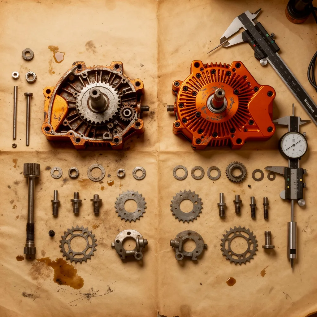 Teardown of a Helicala gearbox: opened housing halves with gears, shafts, fasteners, and measuring calipers laid out on a workbench